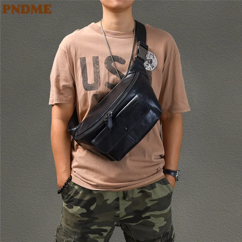 PNDME simple casual top layer cowhide men black large breast bag daily outdoor soft cowhide youth multiple pockets crossbody bag