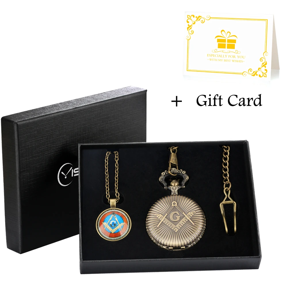 Men's Antique Freemason Chrome Square and Compass Masonic Necklace Pendant Quartz Pocket Watch Best Gifts Set Box for Freemason