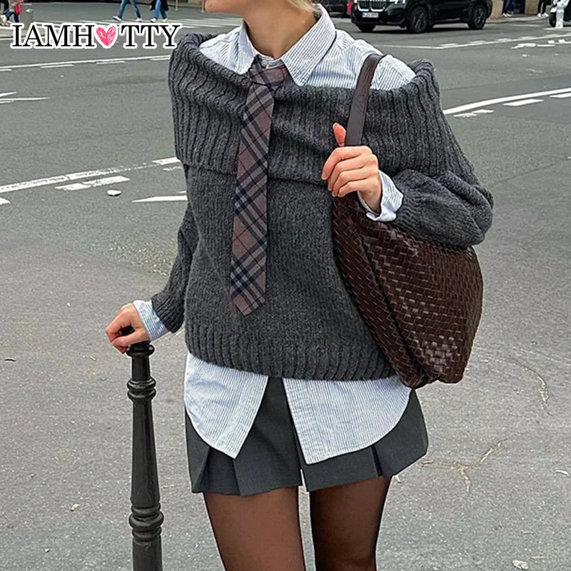 

IAMHOTTY High Street Slash Neck Sweater Grey Vintage Loose-fit Casual Basic Thick Jumpers for Winter Ladies French Pullovers