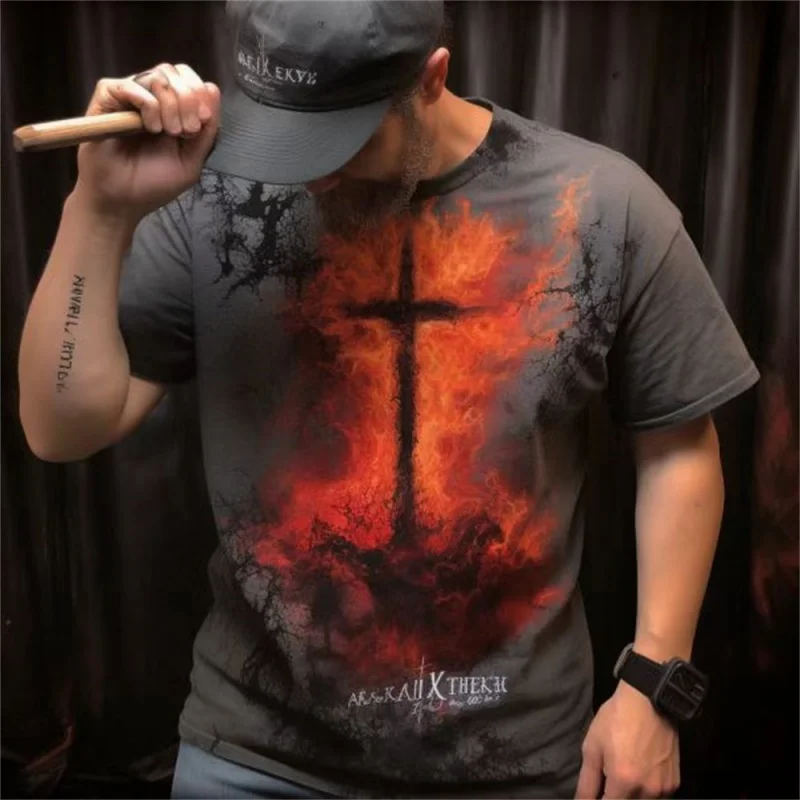 

Summer Men's T-Shirt Vintage Tees God Religion Christ Jesus Cross 3D Print Loose Short Sleeve Tops Streetwear Oversized T Shirts