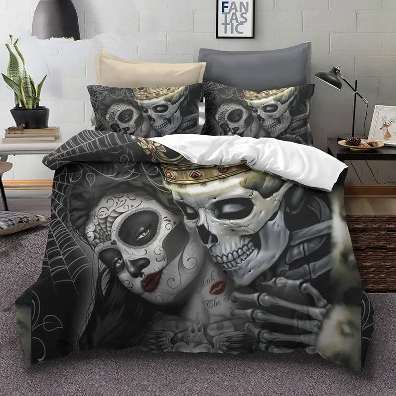 

Bohemian Print Black Bedclothes Queen Size Bedline Sugar Skull Bedding Sets King Beauty Kiss Skull Duvet Cover Bed Set
