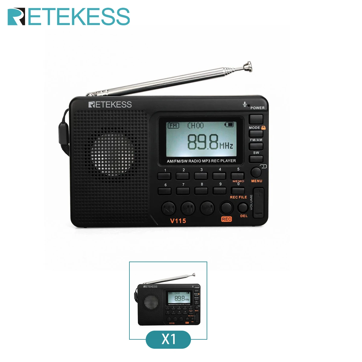 Портативное радио RETEKESS V115 с AM/FM, черное — фото товара