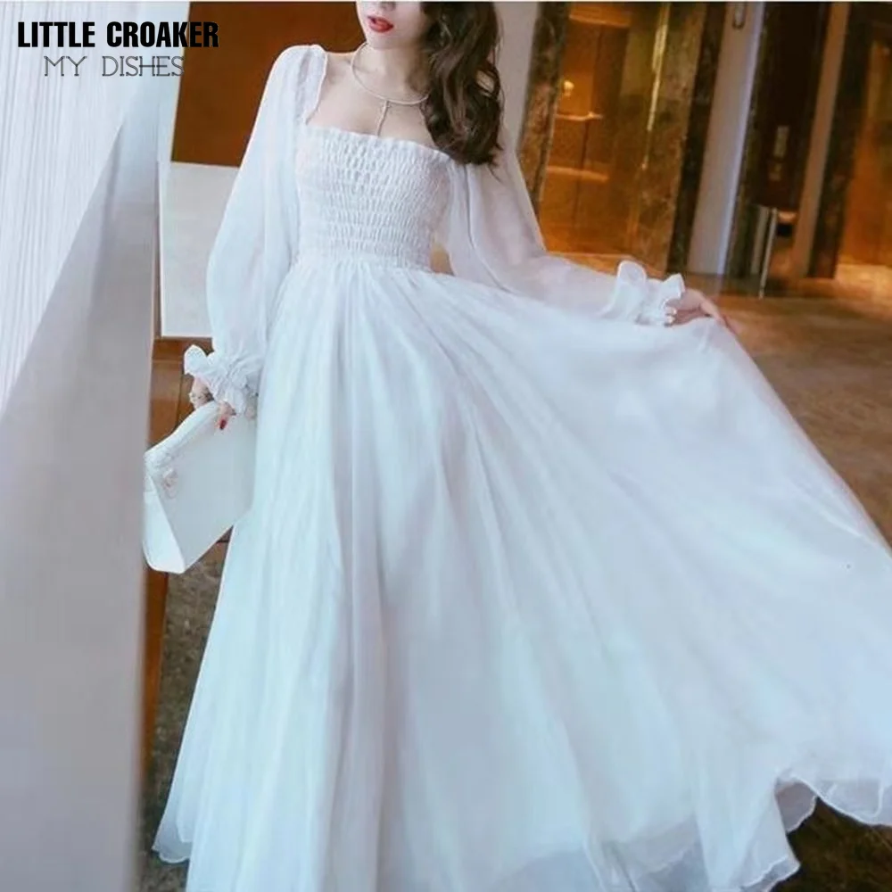 

2023 New Spring Summer Elegant Holiday Maxi Dresses for Women Puff Sleeve Slash Neck Off Shoulder Smocked White Chiffon Dresses