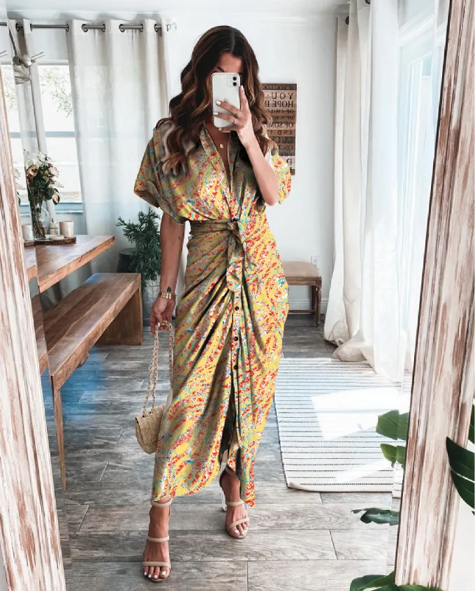 

2023 Summer New Print Shirt Long Dress Fashion Print Dress Multicolor