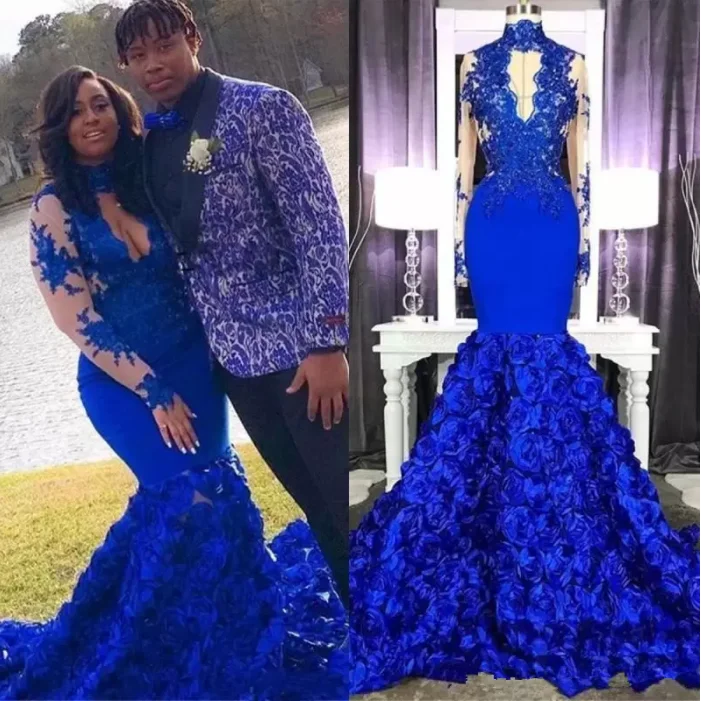 

Exquisite Royal Blue Keyhole Neck High Long Sleeves Mermaid Prom Dresses With 3D Flowers Formal Party Evening Gowns African