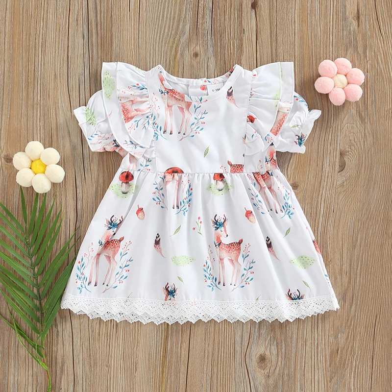 

3-36M Infant Baby Girls Sweet Princess Dress Mushroom/Deer Printing Round Collar Lace Splicing Short Sleeve A-line Dress