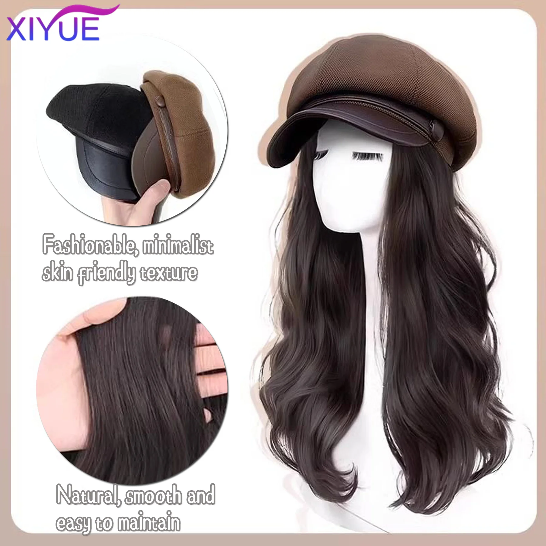Synthetic Long Wavy Panama Autumn and Winter Women's Warm Duck Tongue Beret Wig Elegant Artistic Painter Octagonal Hat Cap wig