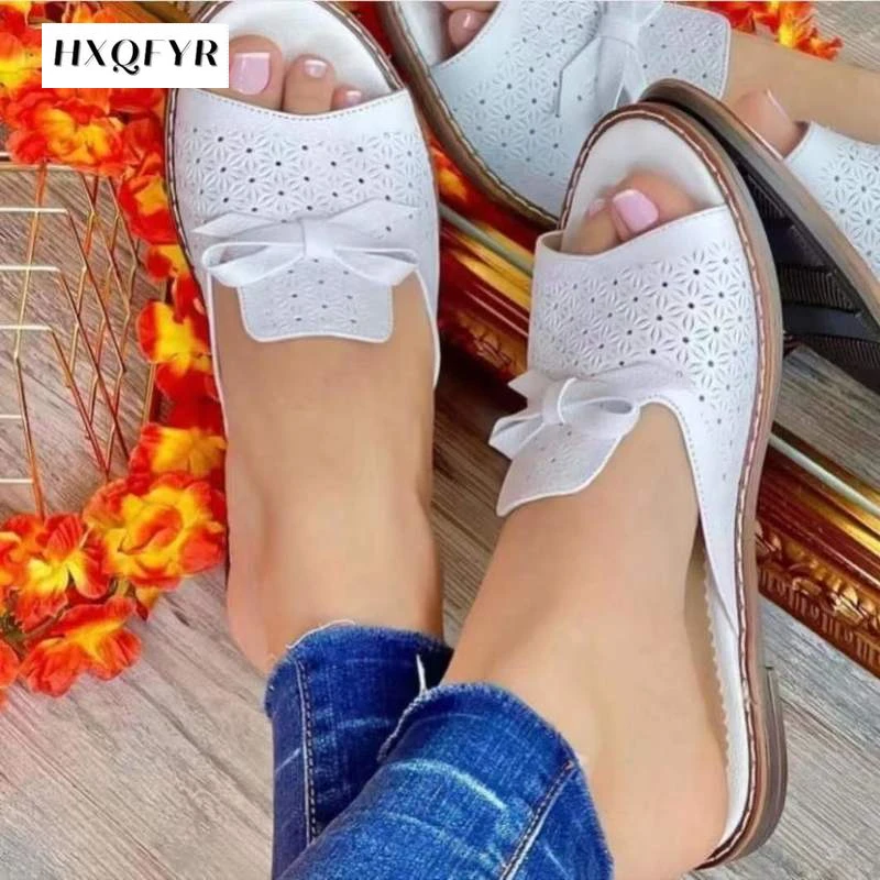 

2021 Women Bow Slippers Female Simplicity Peep Toe Elegant Shoes Ladies Fashion Leisure Summer Footwear Big Size Flat Shoes