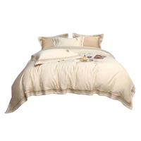 affordable luxury style cotton four piece set simple embroidery pure color duvet cover bed sheet cotton bedding