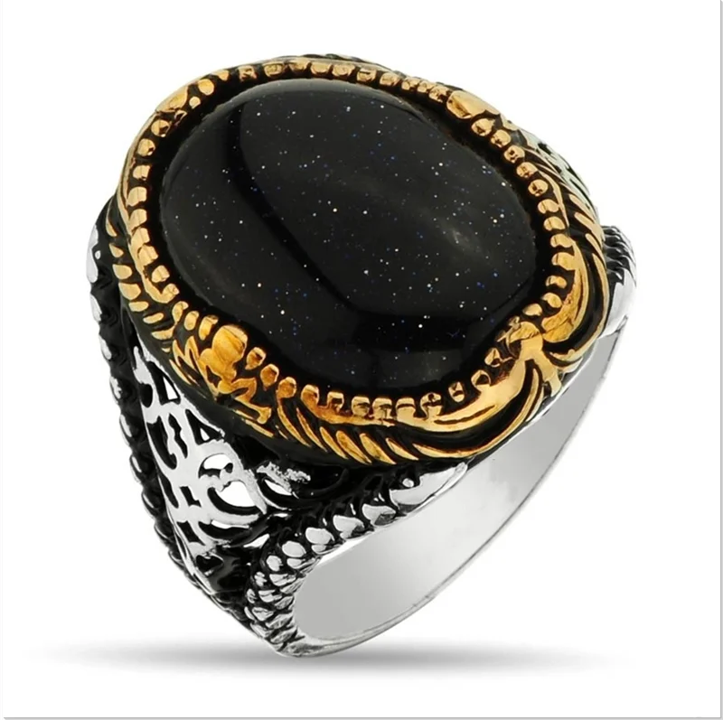 

New Jewelry European and American Simple Gold Edge Black Gemstone Two-color Relief Ring Men's Fashion To Attend The Banquet Ring