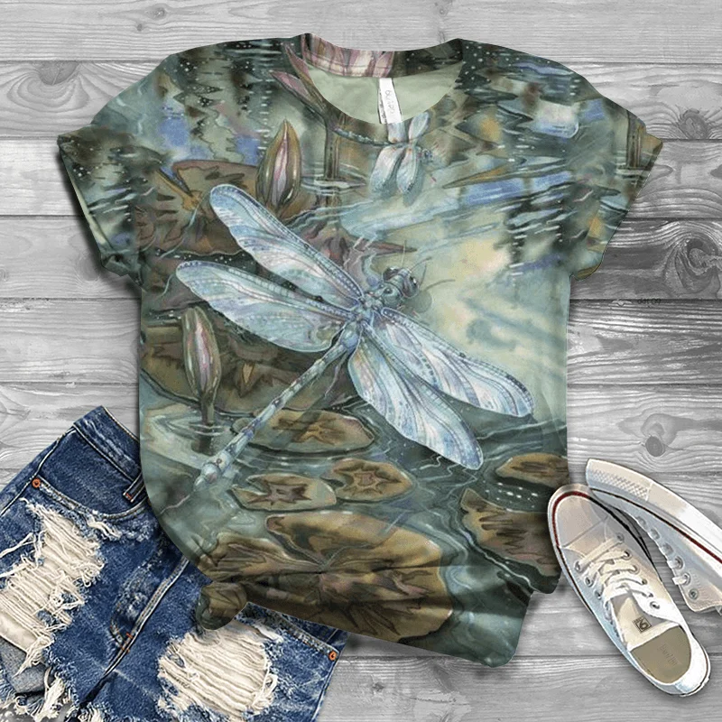 

Женский топ с круглым вырезом, удобный Свободный Повседневный Топ в стиле Харадзюку с принтом стрекозы и животных, футболка с коротким рука...