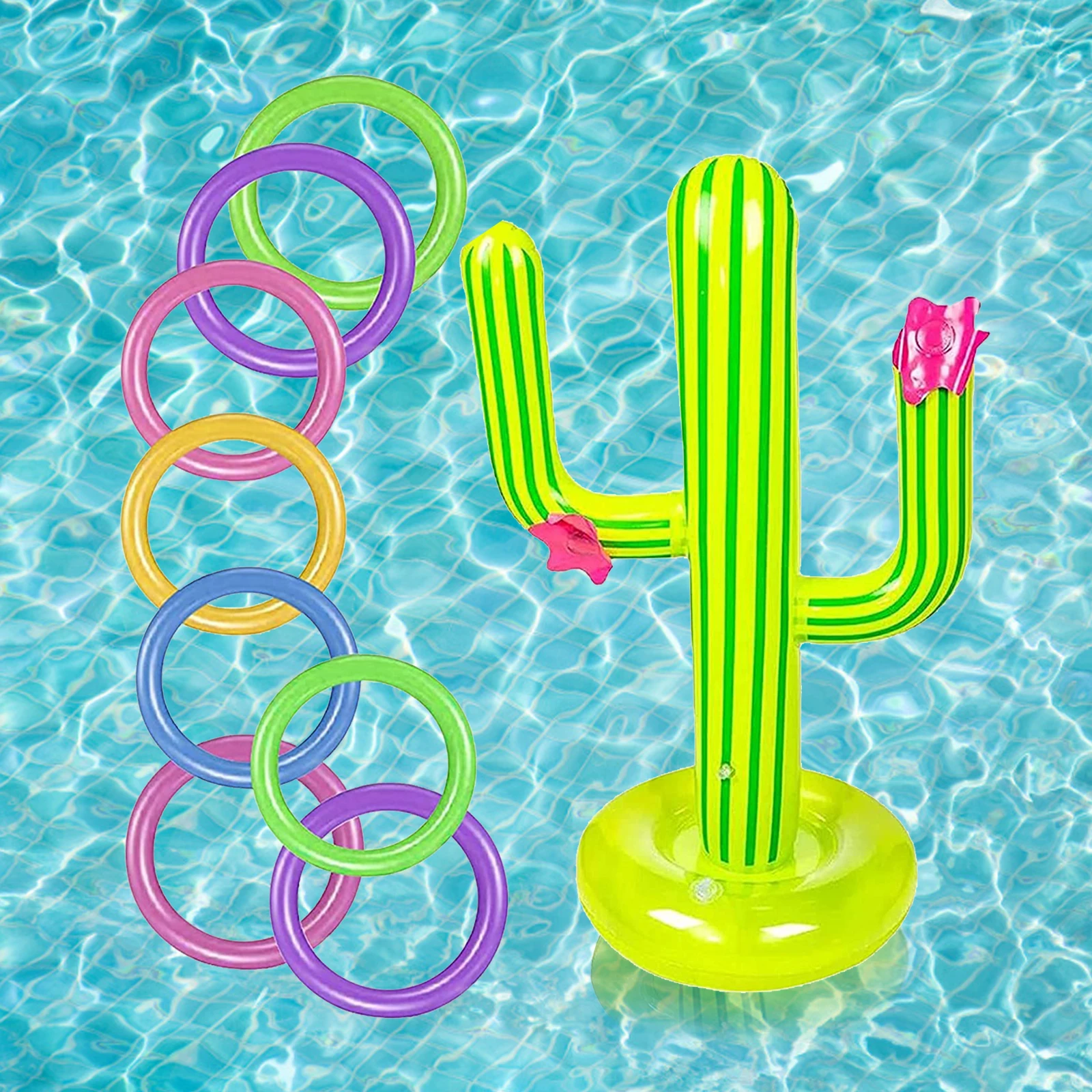 

Inflatable Ring Toss Game Set Inflatable Cactus Rings Suit Water Sport Fun Interactive Playing Toys for Kids Adults