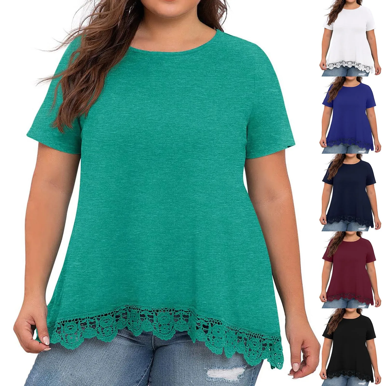 

Plus Size Lace Stitching Flowy Tops Elegant Women Short Sleeves O Neck Daily Working T Shirts Female Big Blouse Y2k Blusa Camisa