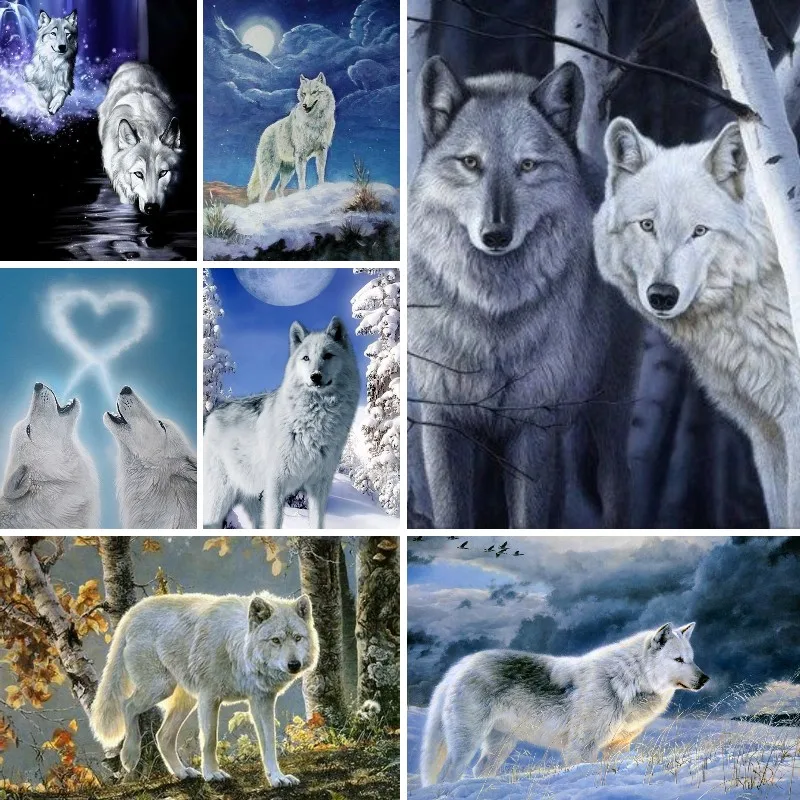 

5D Diamond Painting Cross Stitch White Grey Wolf Night Landscape Diamond Embroidery Animal Diamond Mosaic Kit Home Decoration