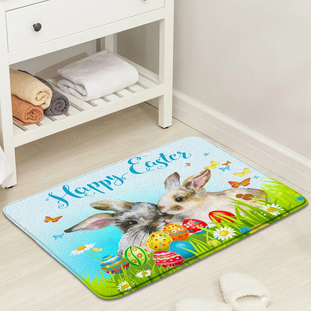 

Happy Easter Doormat Funny Rabbit Eggs Grass Butterfly Floral Print Easter Entrance Bedroom Decor Bathroom Bath Mat Non-Slip Rug