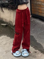 high street red casual pants womens large size high waist slimming work clothes pants loose wide leg mop pants pants fashion
