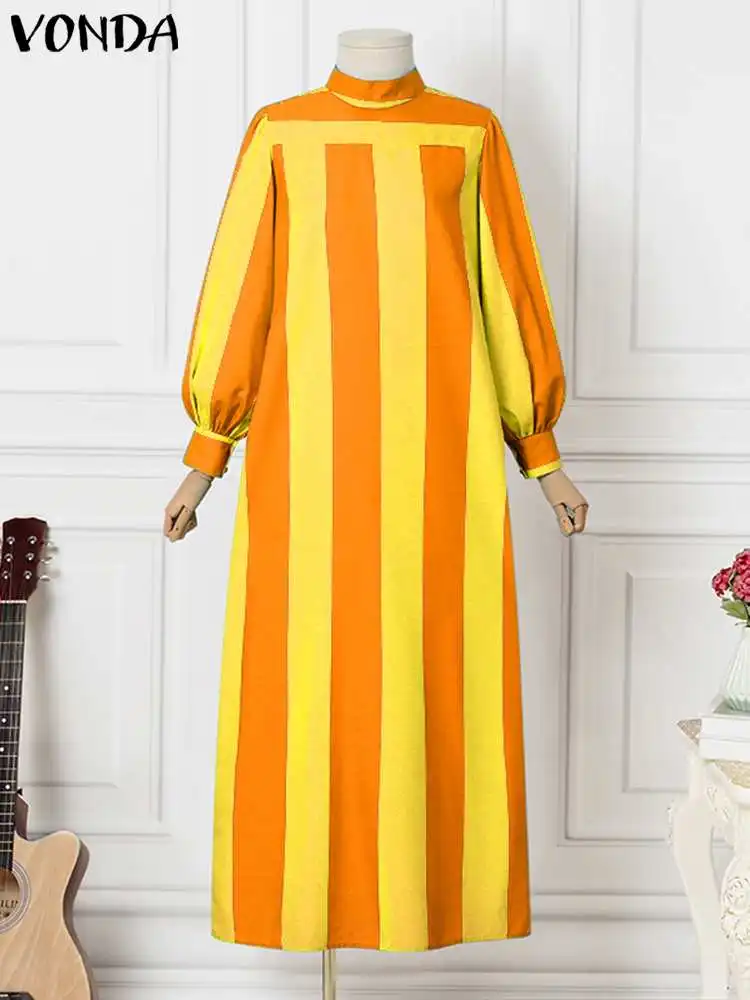 VONDA Plus Size Women Party Dress 2023 Bohemian Long Puff Sleeve Vestidos Casual Loose Maxi Sundress Bohemian Striped Robe