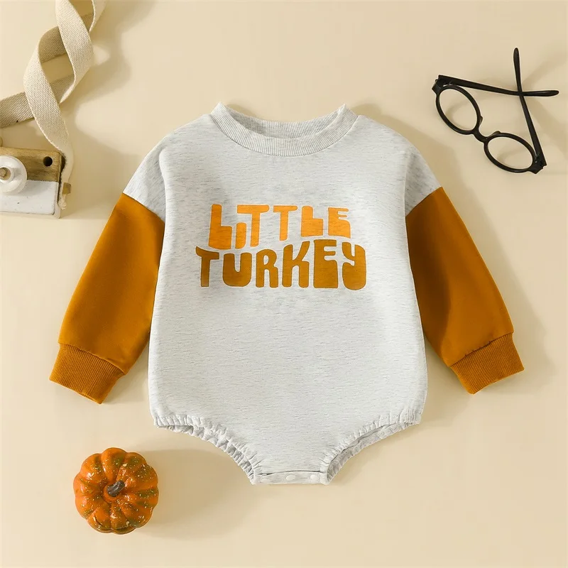 

Baby Thanksgiving Romper Cute Letter Print Long Sleeve Patchwork Bodysuit Newborn Clothes