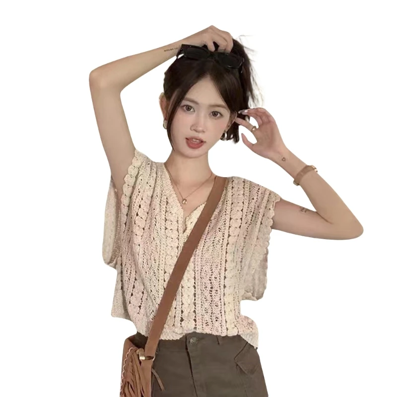 

Women Hollow Out Knit Long/Short Sleeve Shirt Crochet Geometric Cover Up Sweater