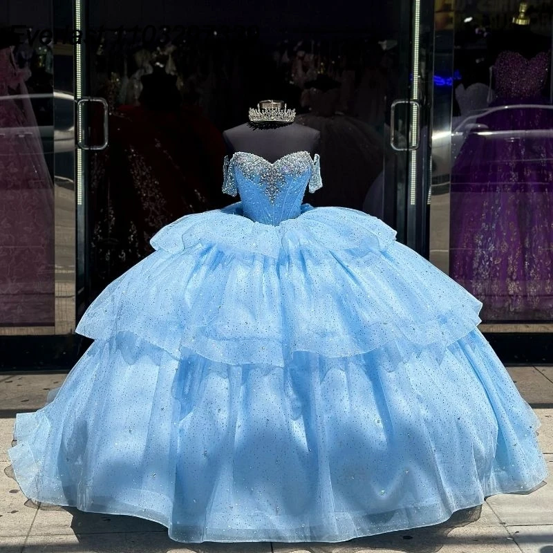 EVLAST принцесса голубое платье для Quinceanera бальное блестящая Аппликация из бисера