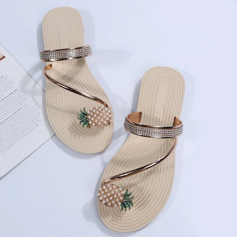 Pineapple Decor Female Beach Slides Summer Bohemian Women Casual Clip Toe Slippers Rhinestone Sandalias Mujer Verano 2022