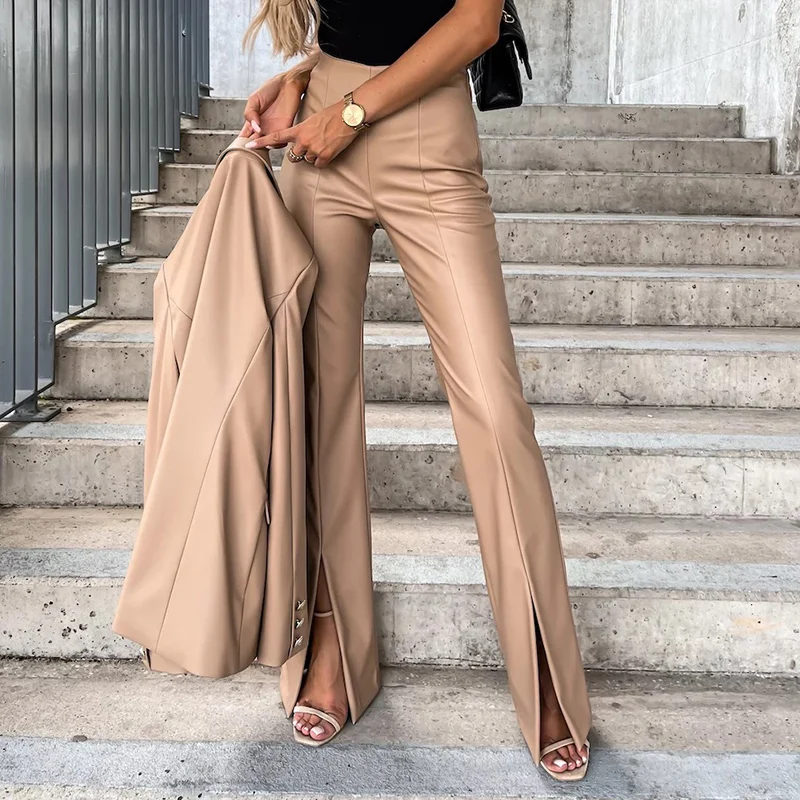 

New Office Lady Straight Trousers Commuter PU Leather High Waist Sexy Slit Long Pants Casual New Fashion Bottoms For Women 2022
