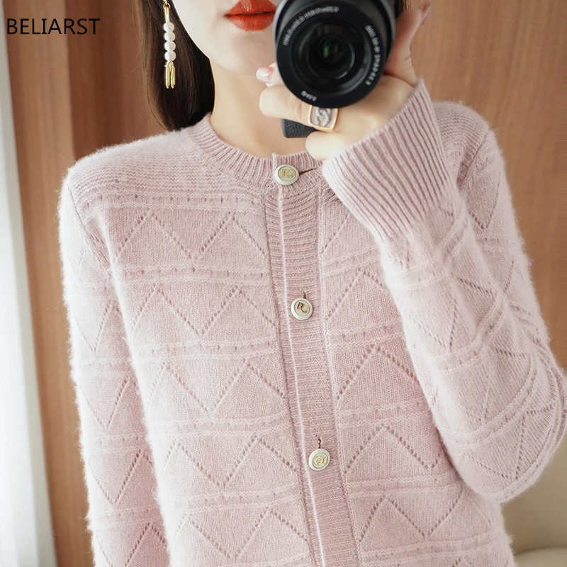 BELIARST весенне-осенний Новый кашемировый свитер женский кардиган с круглым