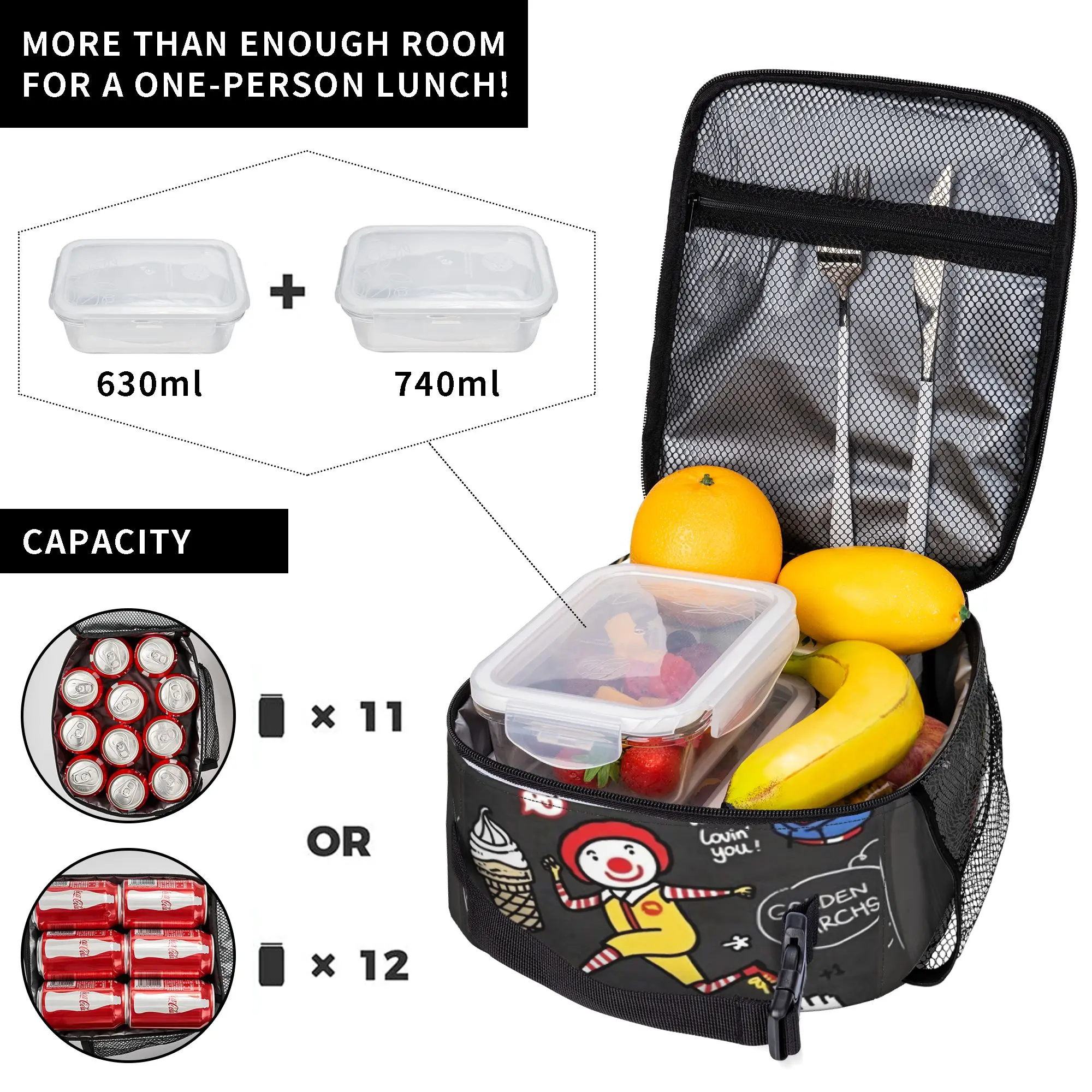 Фото Сумка для обеда с принтом клоунов и персонажей фастфуда, черная, для офиса и детей, с забавным принтом, термосумка для обеда, сумка-холодильник из оксфордской ткани №3