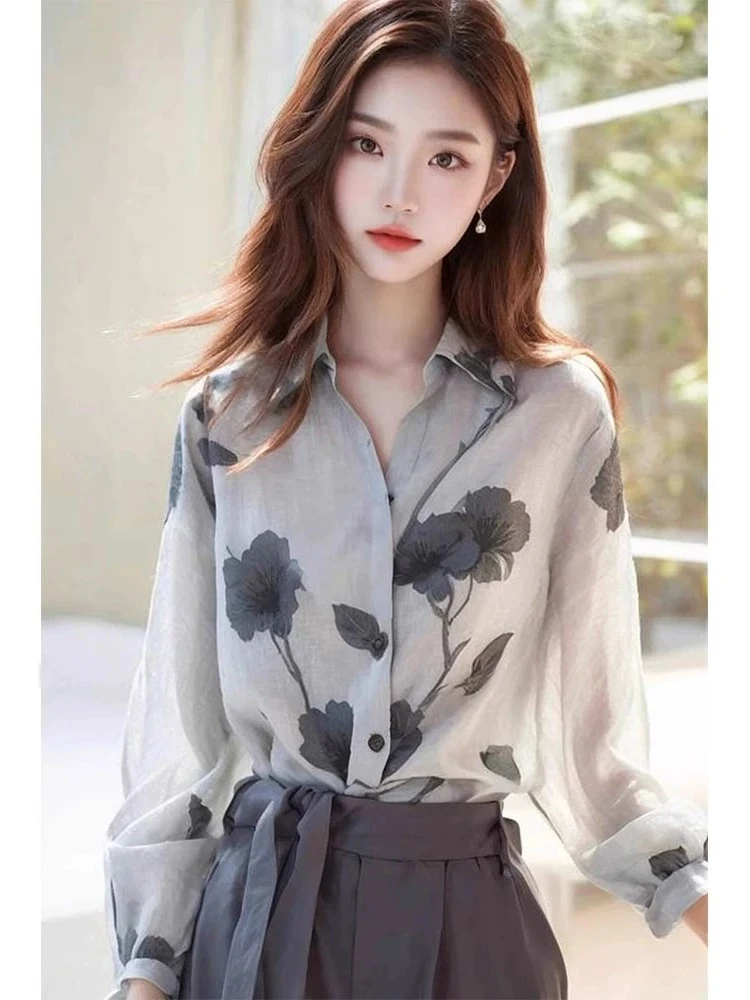 Early Autumn New Sle Temperament Top This Year Popular Unique Beautiful Small Shirt High Sense Linen Print Long sleeve Shir...