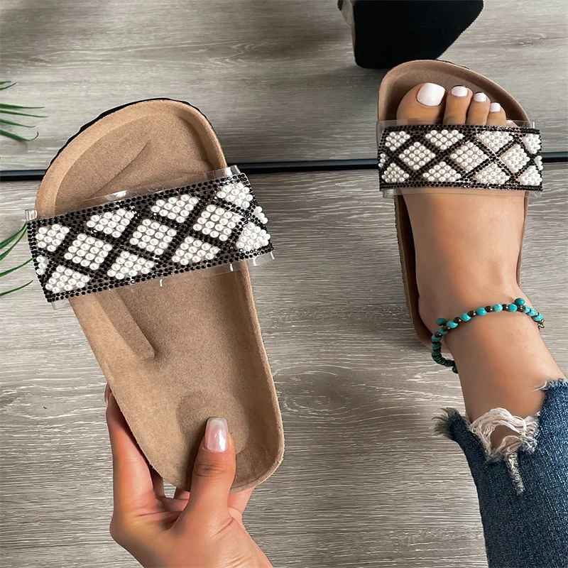 2023 Sexy Women Summer Flat Slippers Rhinestone Shoe Open Toe Roman Beach Sandal Ladies Black Non-slip Slides Size 35-43