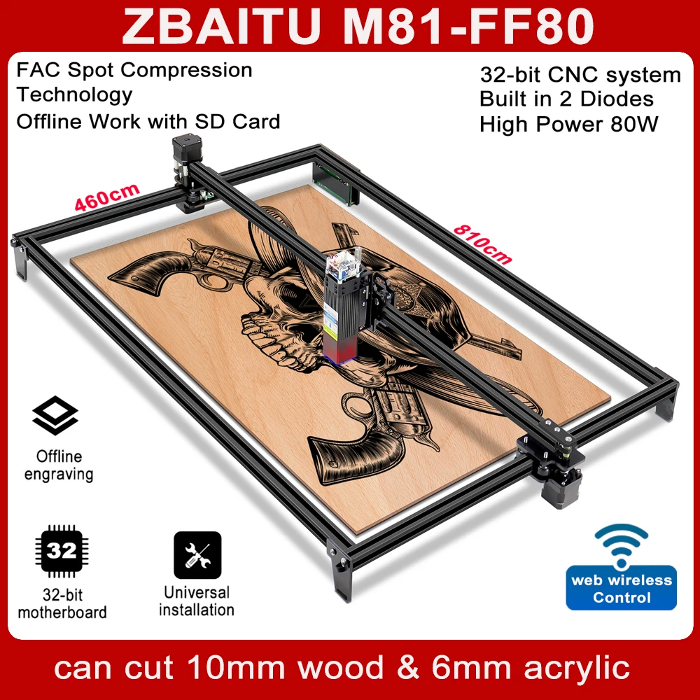 ZBAITU-Máquina cortadora de grabado láser FF80, grabador de 32 bits de área grande de 81x46cm, con cabezal láser asistido por aire, para cortar madera de pino
