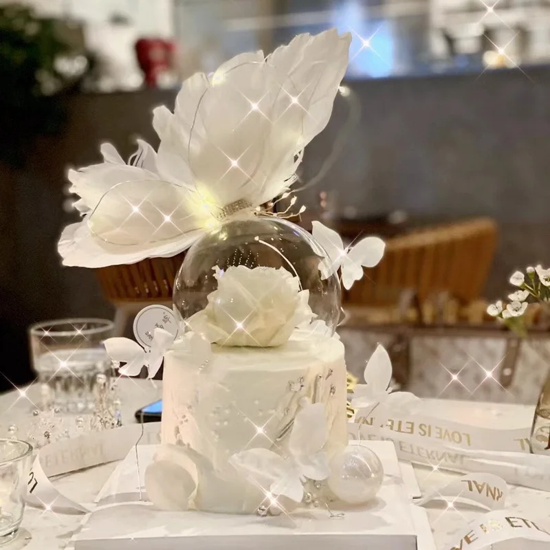 

White Butterfly Crystal Feather Happy Birthday Cake Topper Wedding Bride Decorating Supplies for Birthday Party Lovely Gifts