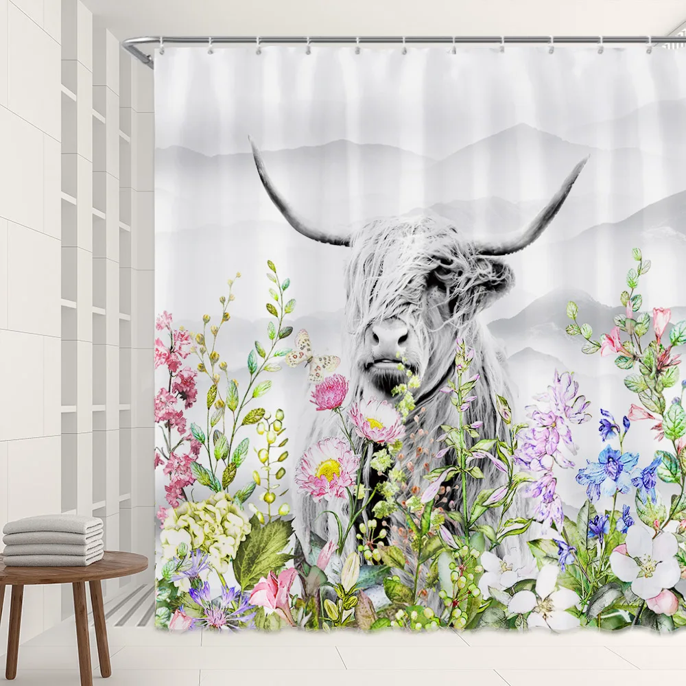 

Занавеска для душа с изображением цветов, крупного рогатого скота