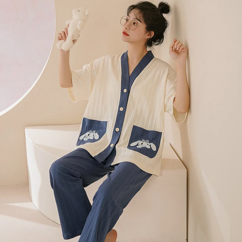 spring  autumn new style pajamas women's short sleeved cardigan  leisure summer thin student large home clothes can be worn out
