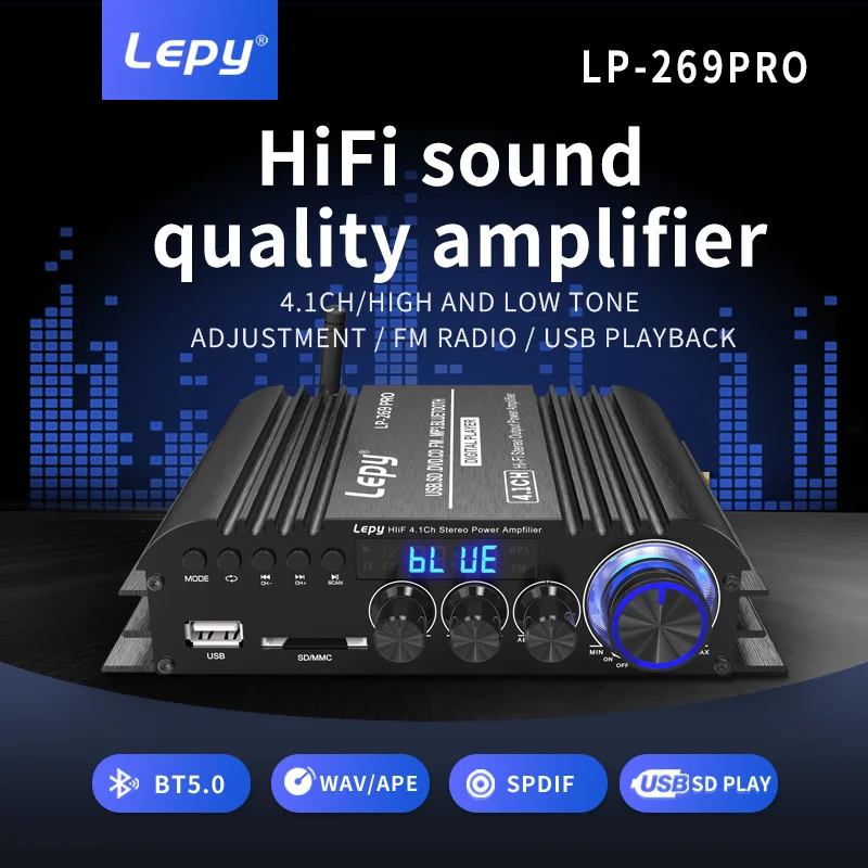 

Clearance LEPY LP-269PRO 4.1 Channel Amplifier Bluetooth 5.0 Coaxial In USB SD FM Function Subwoofer Output Home Theater