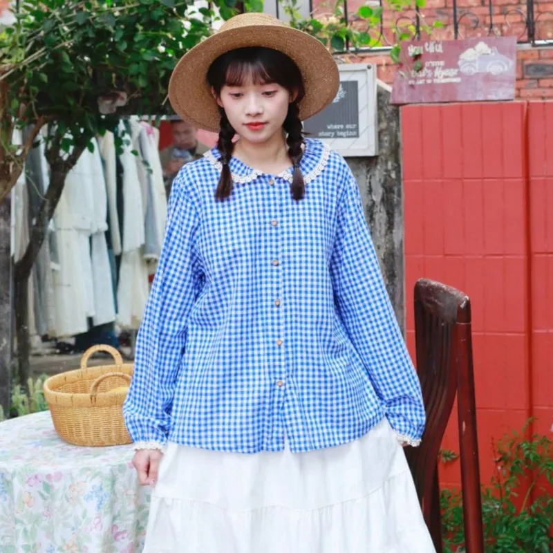 Johnature весенняя новинка милый женский литературный кукольный воротник клетчатая