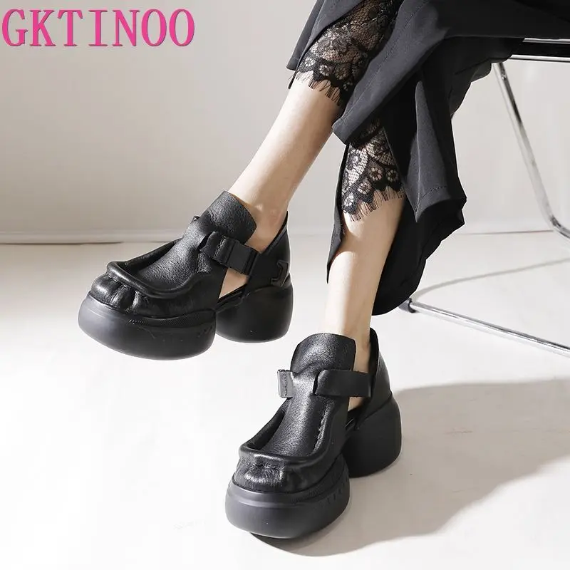 

GKTINOO Women Sandals Summer 2023 Natural 7.5cm Cow Genuine Leather Buttoned Thick Soled Moccasin Bao Toe Platform Wedges Shoes