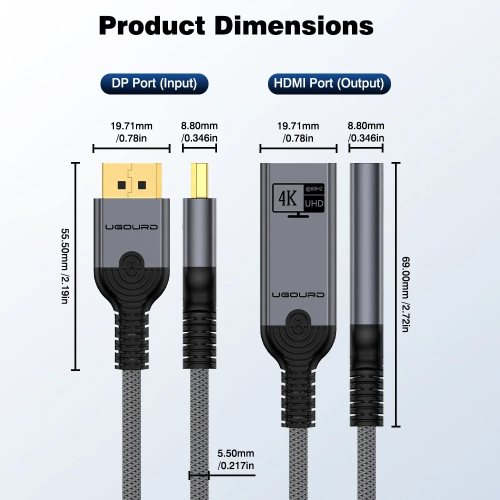 Фото Адаптер UGOURD DP-HDMI, конвертер DisplayPort 1.2 в HDMI (гнездо) с поддержкой 4K@60Hz UHD, односторонний, 2K@144Hz для настольных ПК и мониторов №5
