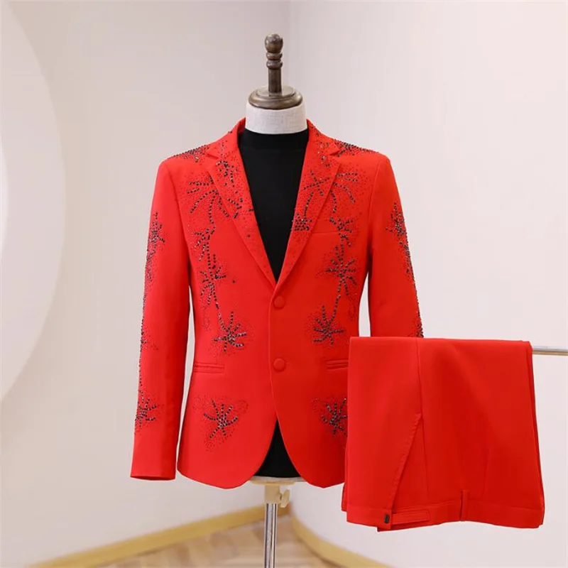 

New Suits Men'S Blazers Jackets Red Bright Brick Male Banquet Guest Host Senior Dress Stage Veste Homme Luxe Drill Fashion