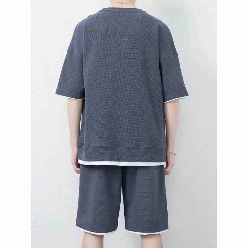 Summer new men's suit high-quality waffle fabric short-sleeved T-shirt   shorts set fashion men's large size short-sleeved suit