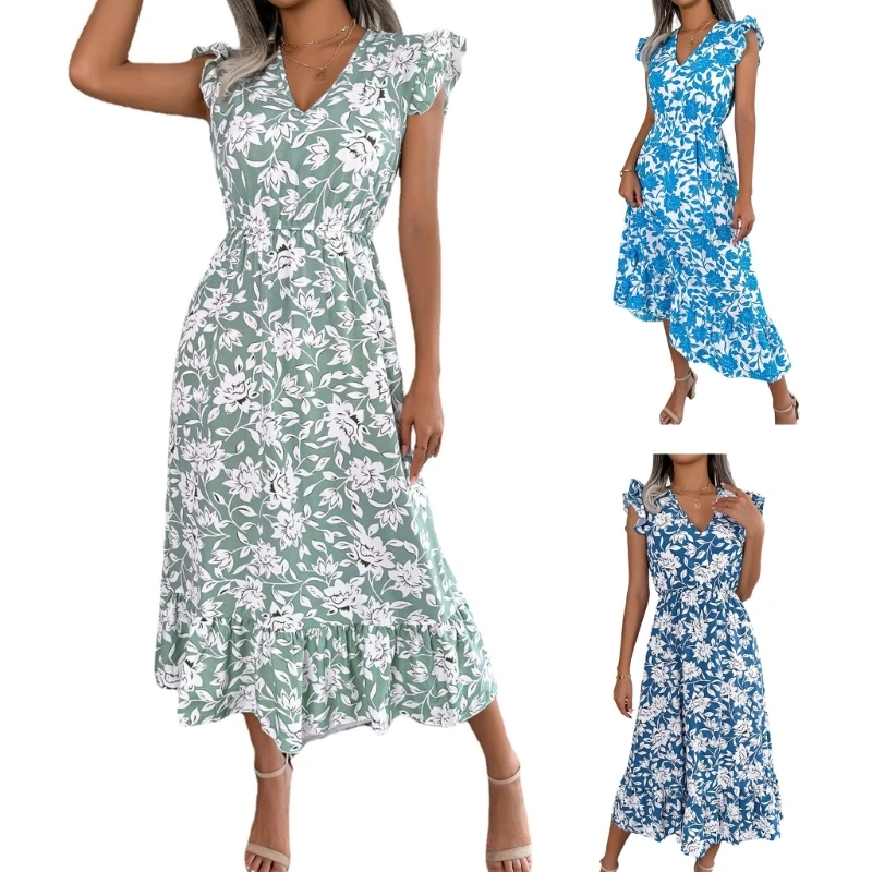 

N7YD Womens Summer Floral Print Sleeveless V-Neck Beachwear Party Dress Elegant High Waist A-Lline Dresses