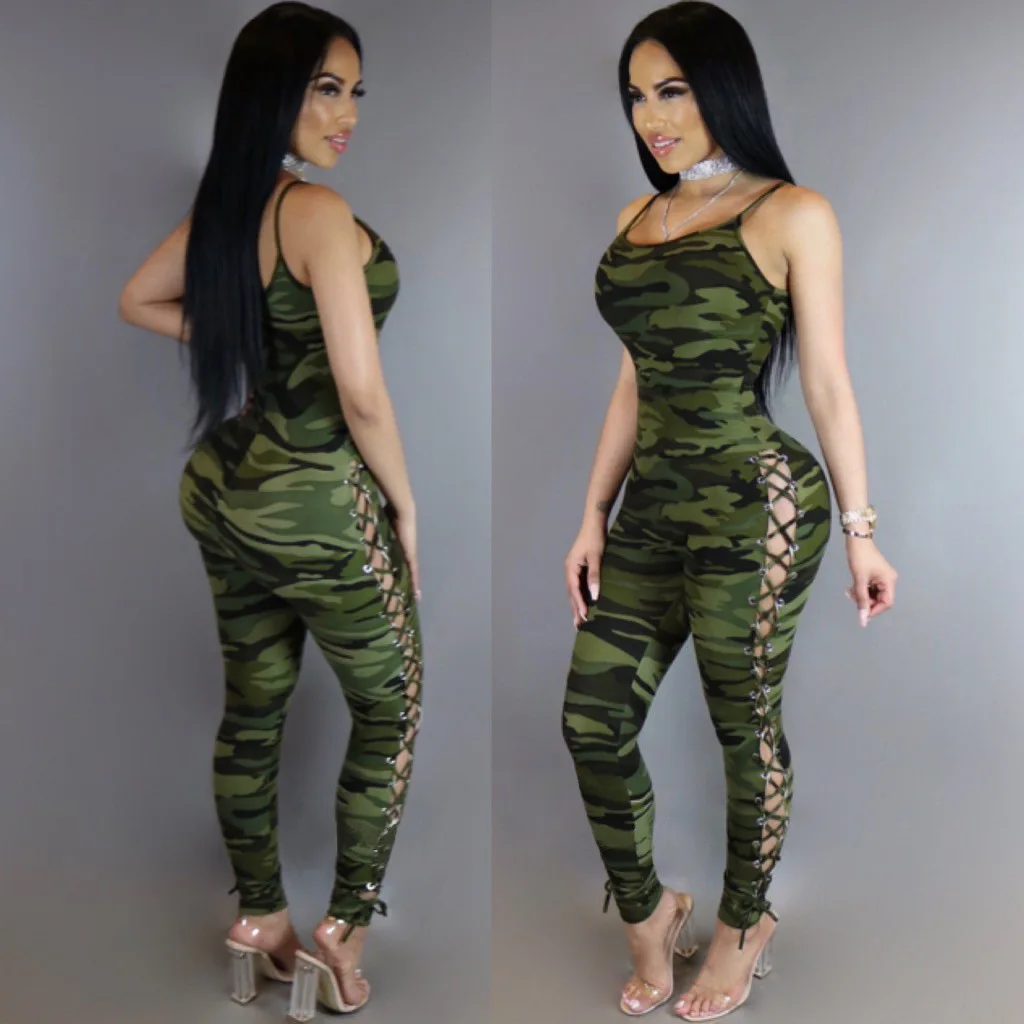 

Women Camouflage Print Side Eyelet Lace up Sexy Jumpsuits Hollow out Strap Long Pants Romper Bodycon Club Party Jumpsuit Overall