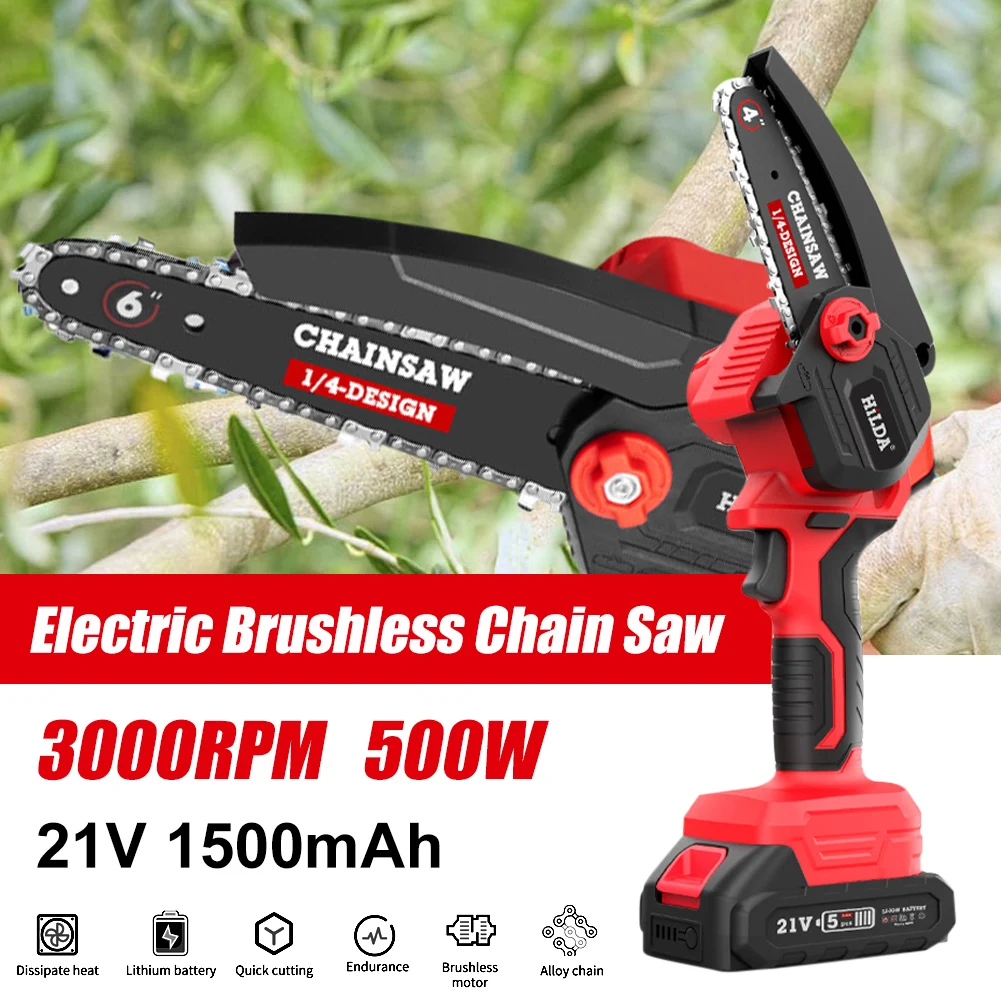 21V Electric Mini Chain Saw 4/6Inch Rechargeable Pruning Saw Portable Cordless One-handed Garden Tree Wood Cutting Power Tools