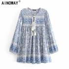 Винтажное шикарное женское пляжное платье с длинным рукавом, цветочным принтом и фарфоровым принтом, богемные мини-платья, женское Хлопковое платье в стиле бохо с галстуком-бабочкой