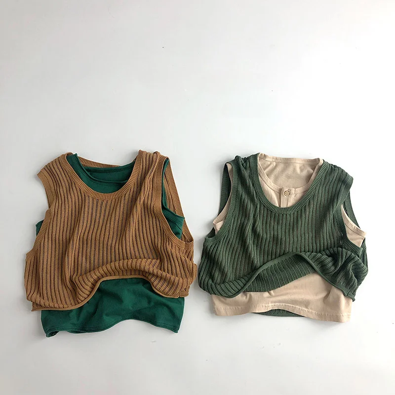 

New Summer Boys Girls Knitted Vest Cool Hollow Out Fashion Sleeveless Tops Solid Comfortable Pullover Children Singlet Clothes