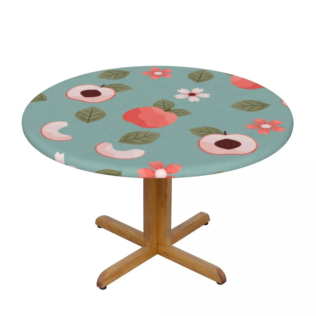 

Vintage Geometric Plum Fruit Flowers Waterproof Polyester Round Tablecloth Catering Fitted Table Cover with Elastic Edged