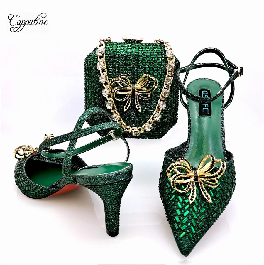 

Green Woman Stones Shoes And Bag Set To Match fashion Pumps With Handbag Clutch Ladies Sandals Purse Escarpins Femme QSL068