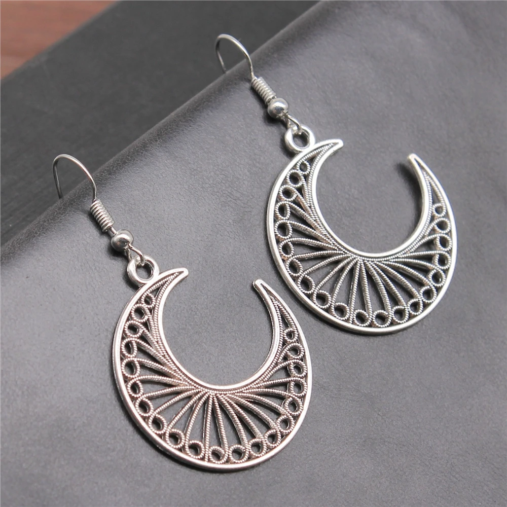 Старинные антикварные серебряные Цвет 30x34 мм полые серьга в форме Луны разъем