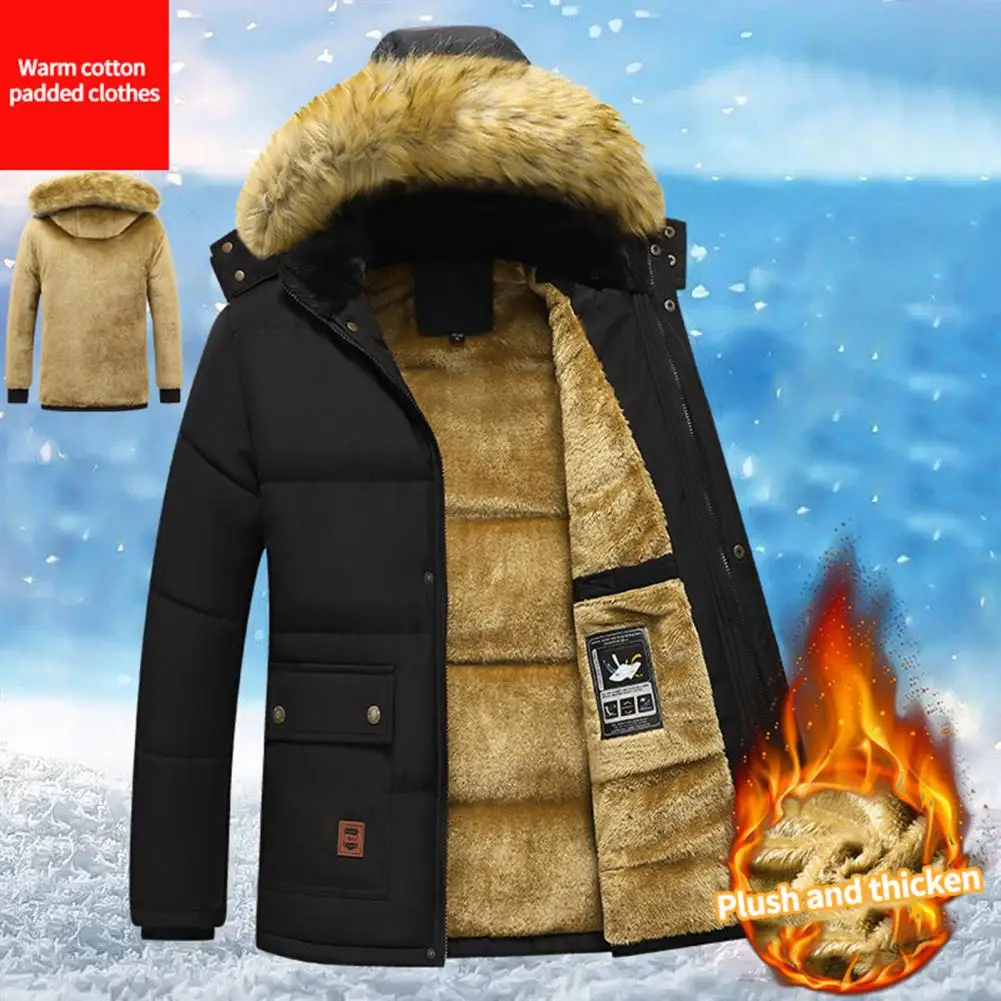 Men Winter Coat Hooded Plush Solid Color Thicken Furry Cold-proof Pockets Plus Size Winter Cotton Coat Male Clothes