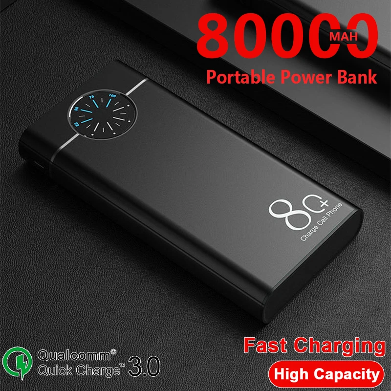 

80000mAh Portable Power Bank Phone Fast Charging Stylish Roulette Display with Dual USB Ports LED Light PoverBank for Smartphone